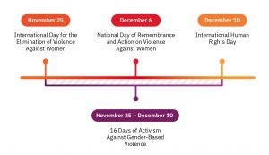 November 25: International Day for the Elimination of Violence Against Women. November 25 - December 10: 16 Days of Activism Against Gender-Based Violence. December 6: National Day of Remembrance and Action on Violence Against Women. December 10: International Human Rights Day